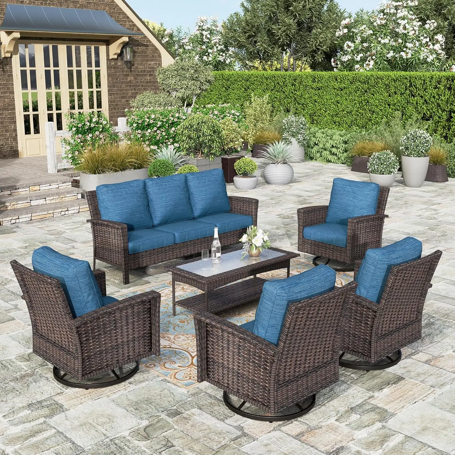 

Patio Furniture Sets, Wicker Furniture with 4 x High Back Swivel Chair, 6 Pieces Outdoor Sectional Sofa Couch Conversation Set