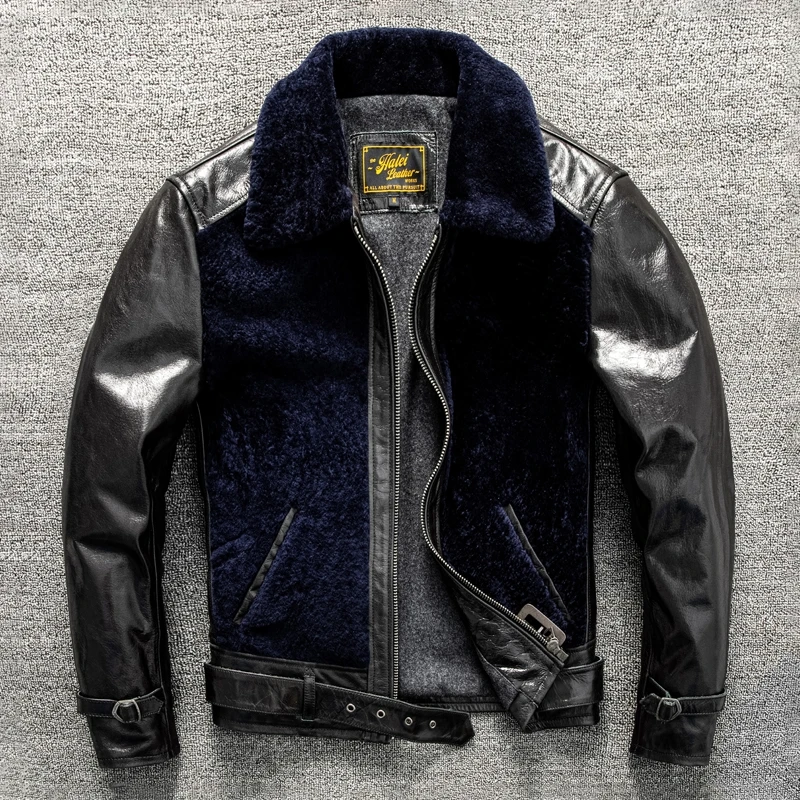 Red Brown Winter Leather Jacket Men Casual Style Plus Size 4XL Genuine Natural Cowhide Thick Warm Spliced Leather Coat
