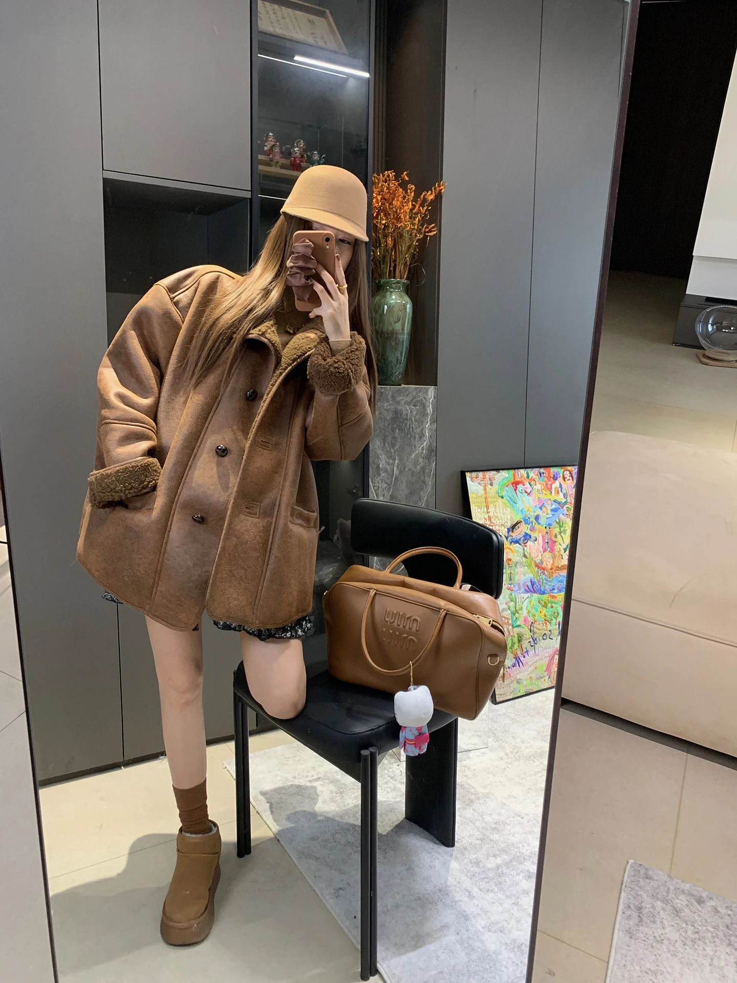 Wu Daxiao Caramel Wildern Giacca in pelle e pelliccia antivento calda, cappotto vintage in pelliccia di agnello, vestibilità ampia casual, manica lunga