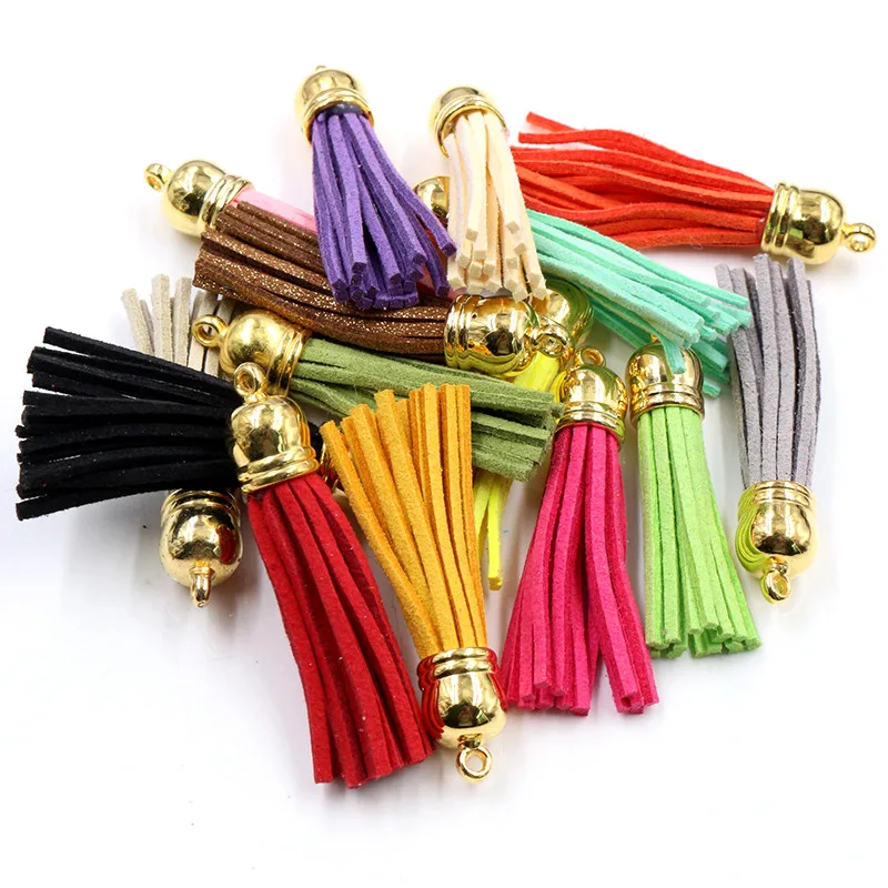 10pcs 38mm 55mm length Suede Tassel For Keychain Cellphone Straps Jewelry Charms, Leather Tassels With Silver Plated Gold Caps