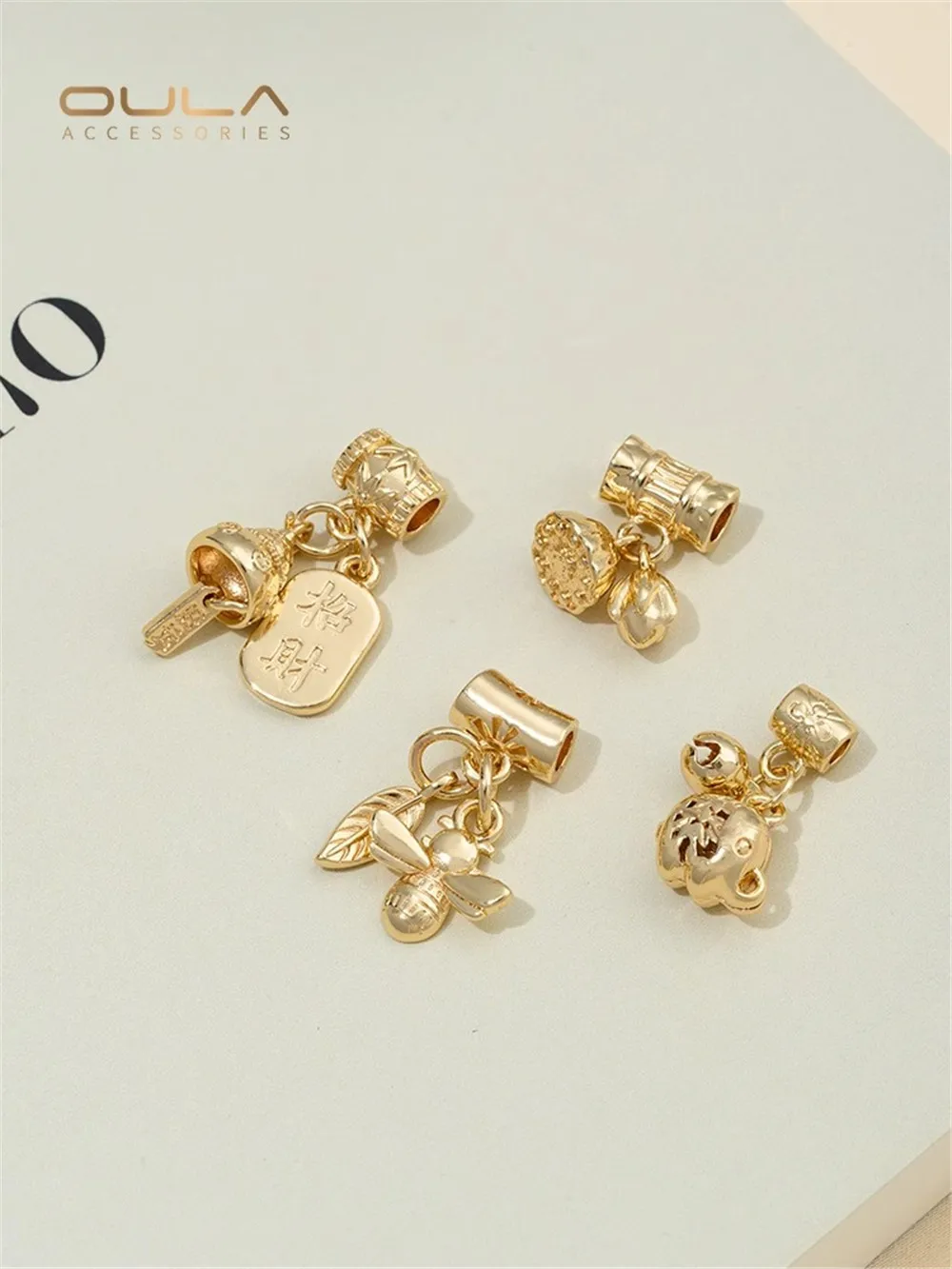 

14K Gold-Color Plated Two Happy Bucket Beads Pendant Lotus Seed Charm Cat Bee Small Elephant Bell Hand Ornaments Pendant