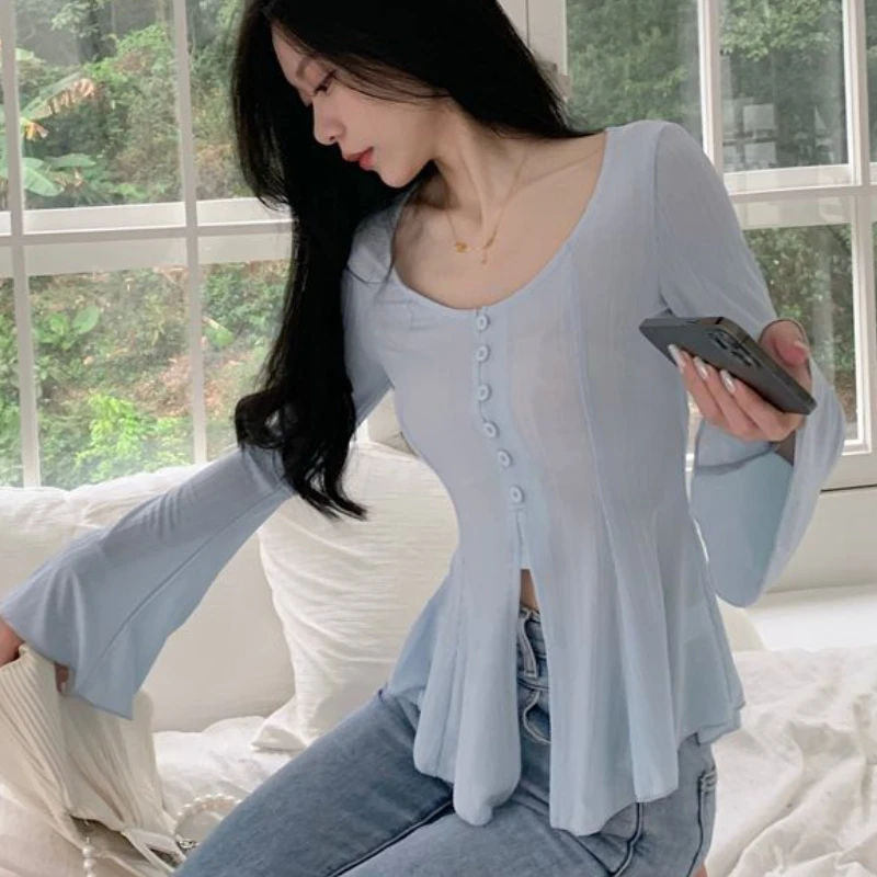 Shirts Women Elegant Vintage Ruffles Design Literary Summer Thin Flare Sleeve Korean Style Female Solid Slim Tops Sexy Popular