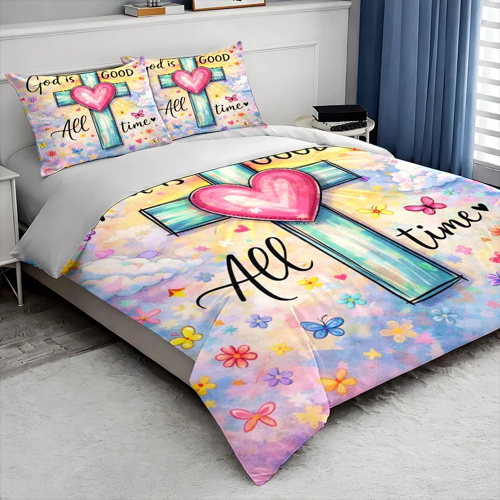 3Pc Christian-Themed Duvet Cover Set, Three-Piece Bed Set (1*Duvet Cover + 2*Pillowcases), God Is Good All Time Cross, Love, and Floral Design, Suitable for All Seasons, Machine Washable, Invisible Zipper, Large Double Bed Cover Set, Universal Bedding for Home, Dormitory, Master Bedroom, and Guest Room, Fresh and Dreamy Butterfly and Floral Pattern, Comfortable and Skin-Friendly Bedding Set