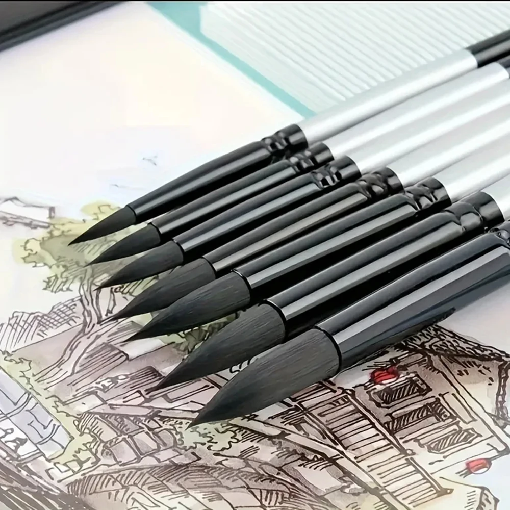 7PCS Solid Wood Rod Hook Pen Set Round Pointed Tips No Shed Gouache Watercolor Brushes For Beginner Artist Painting Kit