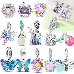 Symbolically 925 Sterling Silver Colorful Butterfly Dragonfly Charm Fit Original Bracelets Necklaces Jewelry DIY Beads