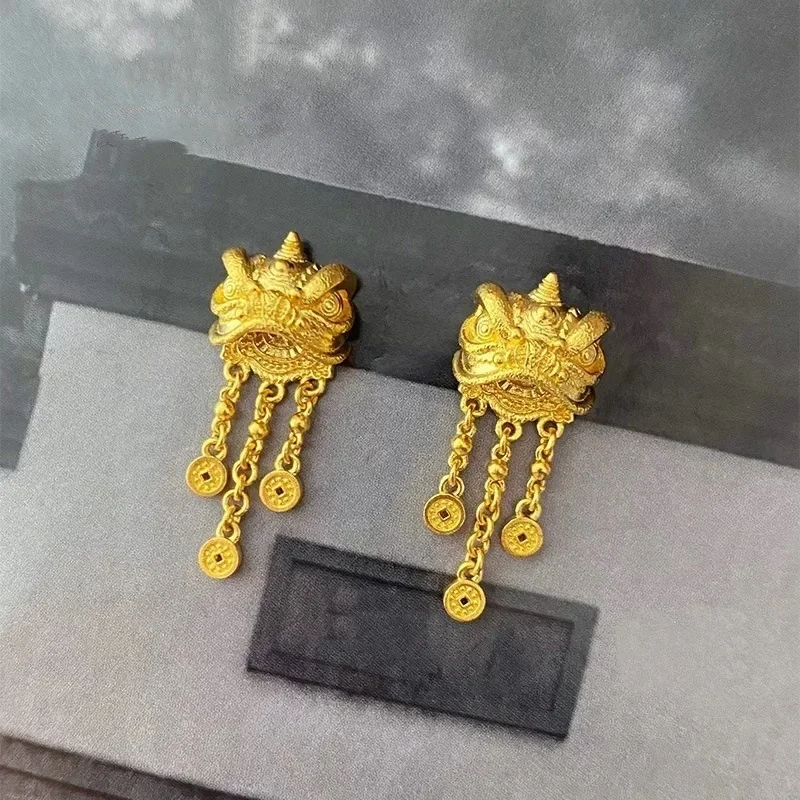 Women's 24K Gold (AU999) Lion Dance Tassel Earrings | Openwork lion pattern, micro-diamond glow with magnetic closure