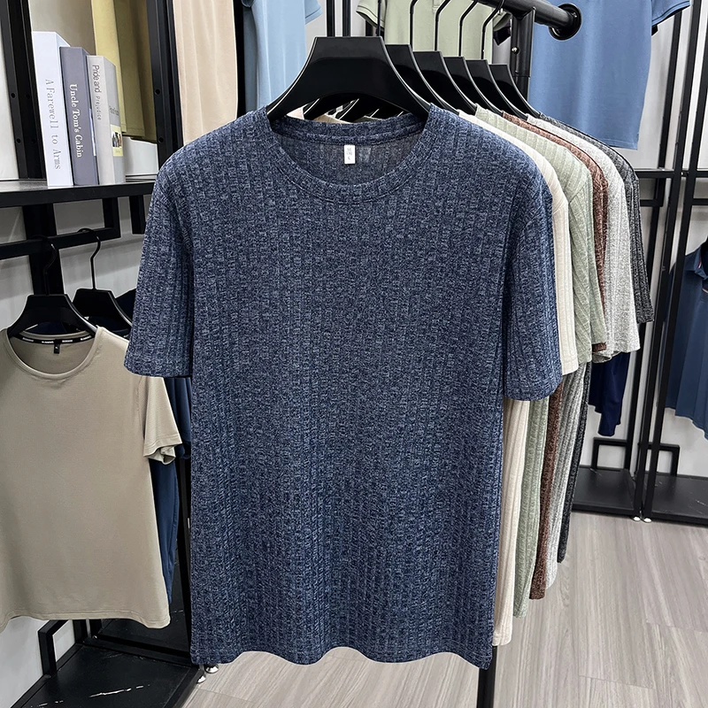Herren Gestricktes Geripptes Gestreiftes T-Shirt Kurzarm O-Ausschnitt Atmungsaktiver Komfortabler Stoff Sommer Lässig Geschäftlich Tägliche Kleidung – Detail 20