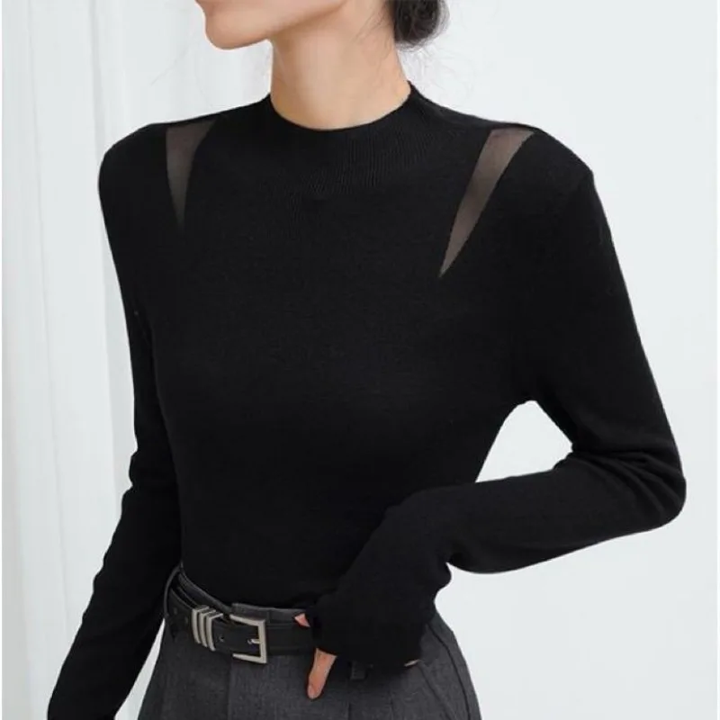 نصف الياقة المدورة الصوف محبوك المرأة الخريف والشتاء 2025 جديد الراقية كسول نمط الداخلية قاع #1