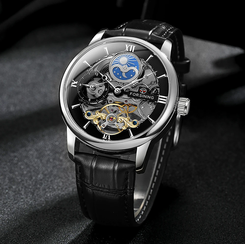 Forsining Fashion Mens Mechanical Wristwatches Moon Phase Tourbillon Skeleton Automatic Watch for Men Leather Belt Retro Watches