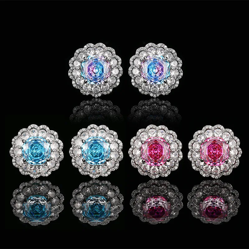 

10mm Square Colorful Gem Flower Stud Earrings Pink Blue Iridescent Cubic Zirconia Cluster Jewelry for Women Wedding Accessories