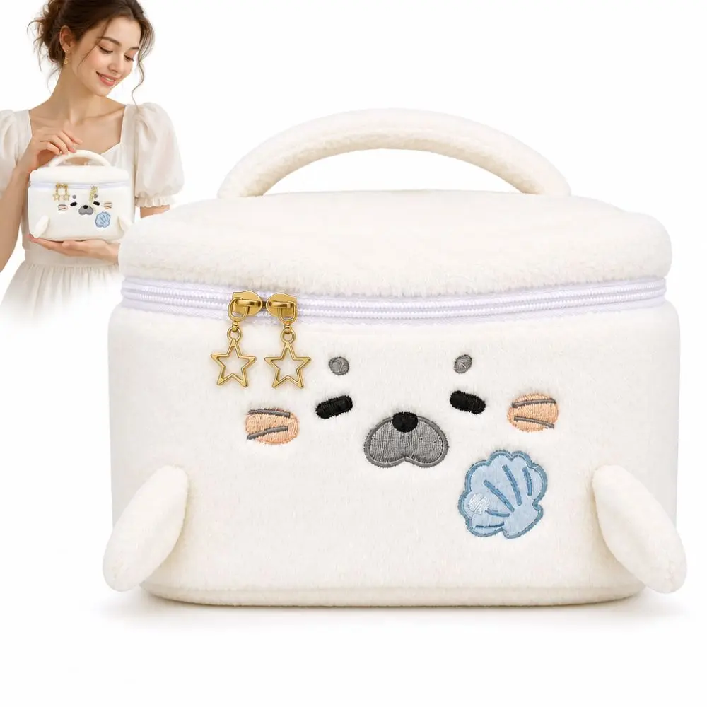 Fluffy Little Seal Makeup Bag Handheld Large Capacity Cosmetic Bag Embroidery Pattern Portable Travel Toiletry Bag Multipurpose
