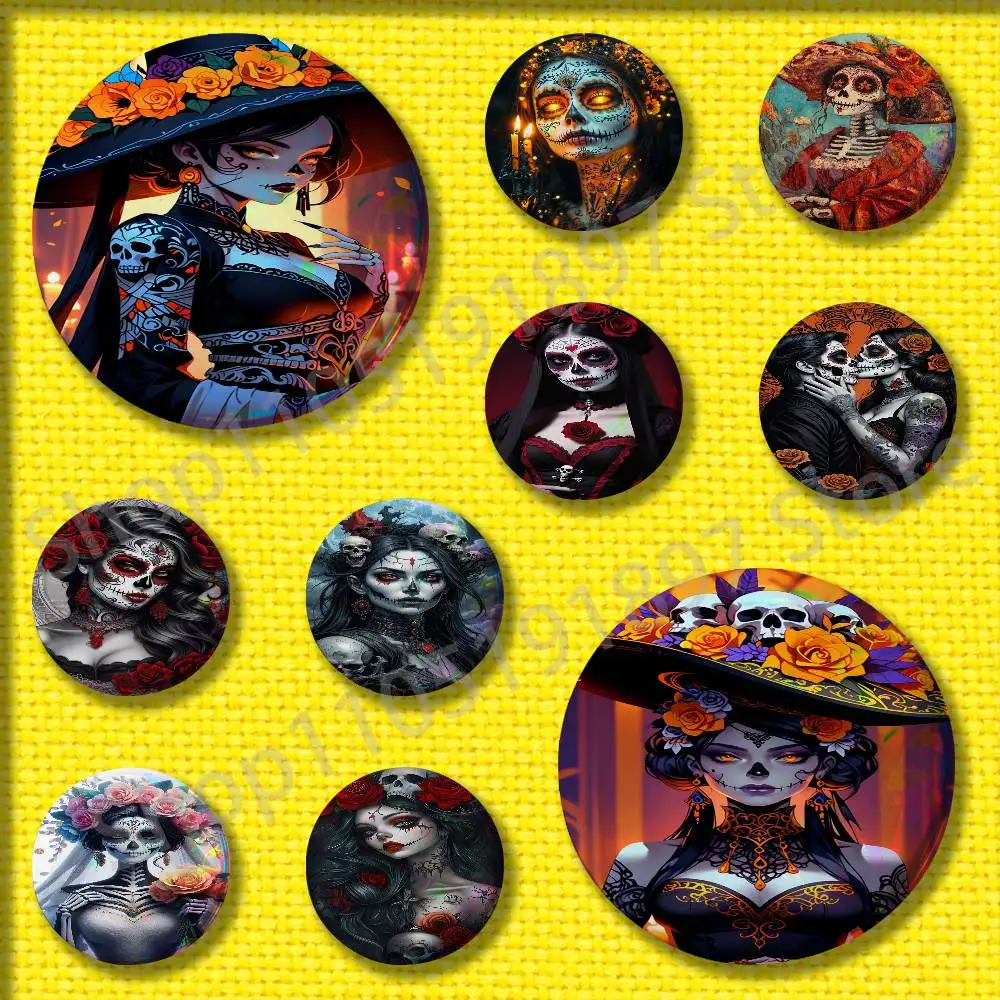 

Mexico Skull Girl Catrina Rose Badges 25mm 75mm 44mm 58mm 32mm Round Pin Brooch Adornment Backpack Souvenir Cosplay Gift