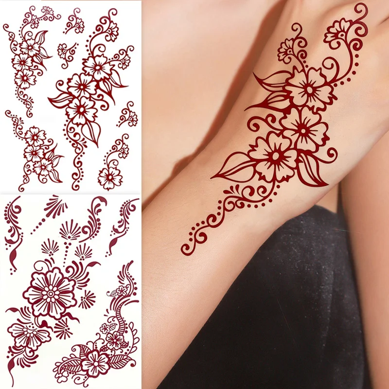 

Maroon Henna Tattoo Stickers for Hand and Body Flower Temporary Tattoos for Women FakeTattoo for Wedding Festival