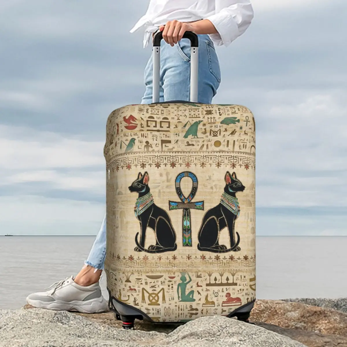 Egyptian Cats And Ankh Cross Suitcase Cover Protection Elastic Travel Luggage Protector Covers for 18-32 Inch