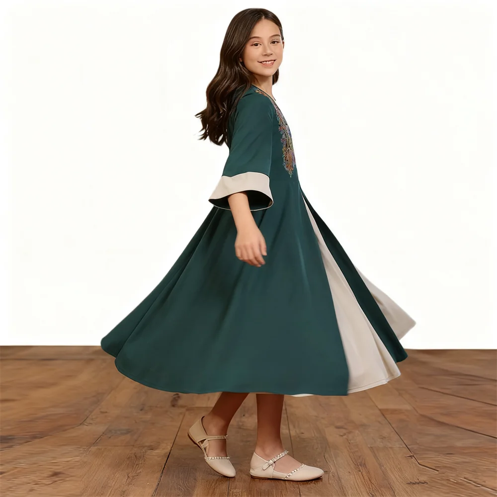 

Elegant Embroidered Loose Dress Middle Eastern Arab Girl's Long Gown Muslim Party Dresses Eid Djellaba Dubai Abaya Caftan Robe