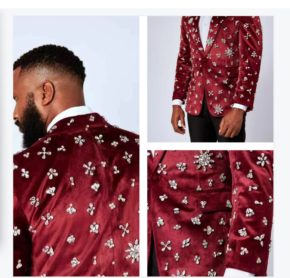 

Velvet Autumn Men Suits 2 Piece Blazer+Cotton Pants Luxury Crystals Wedding Tuxedo Coat Customized Formal Office Jacket Trousers