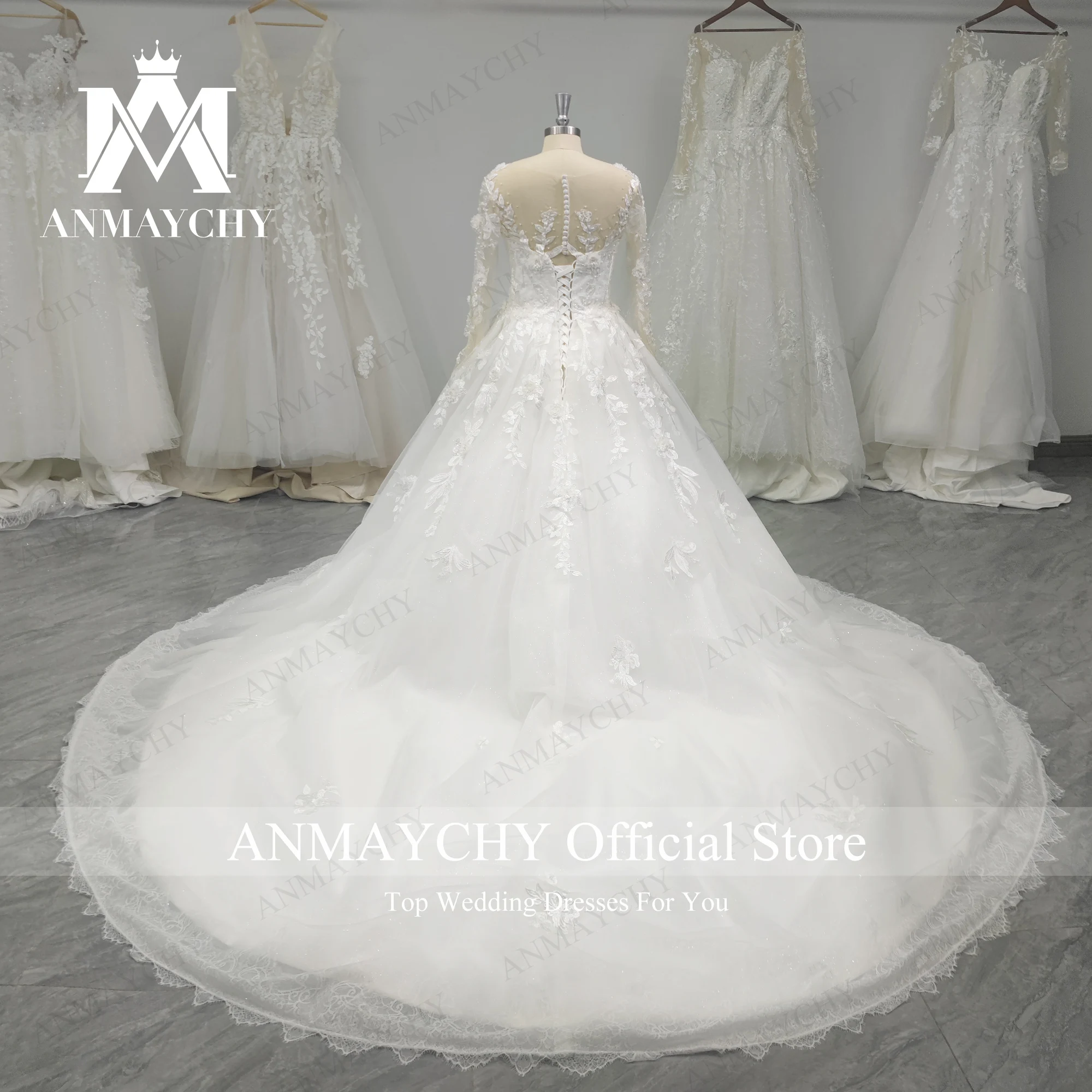 ANMAYCHY Ball GownLuxury Hochzeit Kleider Für Frauen 2022 Perlen Appliques SCOOP Spitze Langarm Hochzeit Kleid Vestidos De Novia