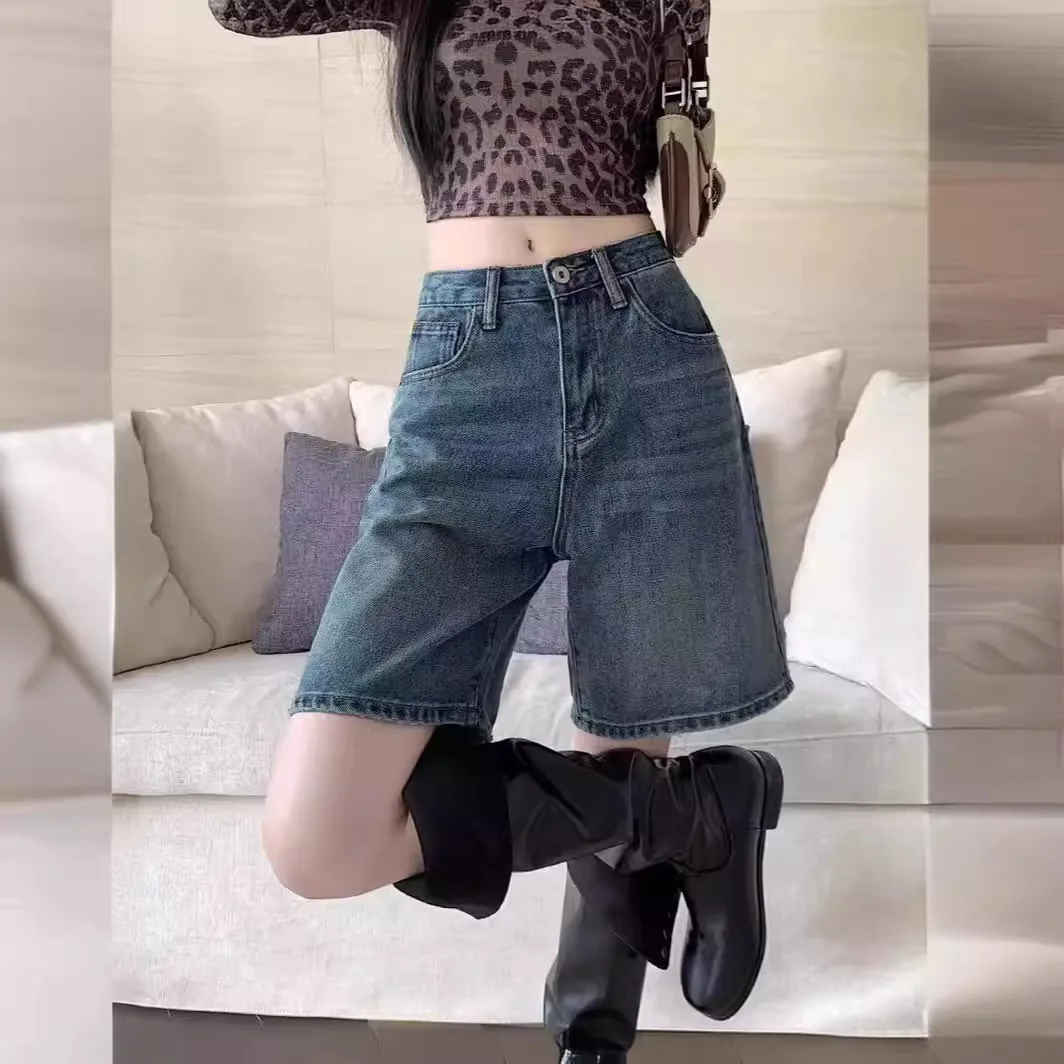 

Straight Shorts for Women Denim Casual Streetwear Fashion Students Clothing Summer Cool Girls All-match Retro Washed Distressed