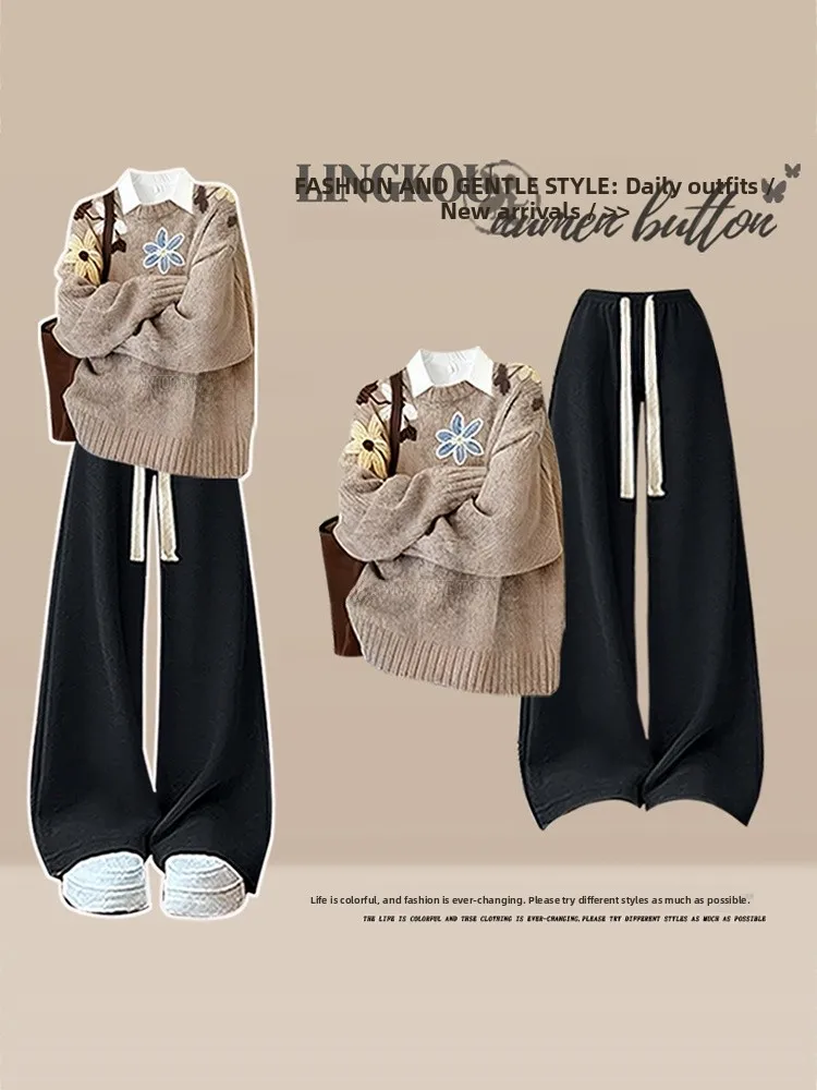 

Anti-Aging Large Size Knitted Sweater Set Women's Lazy Style Print Base Shirt with Slimming Casual Pants Three-Piece Set