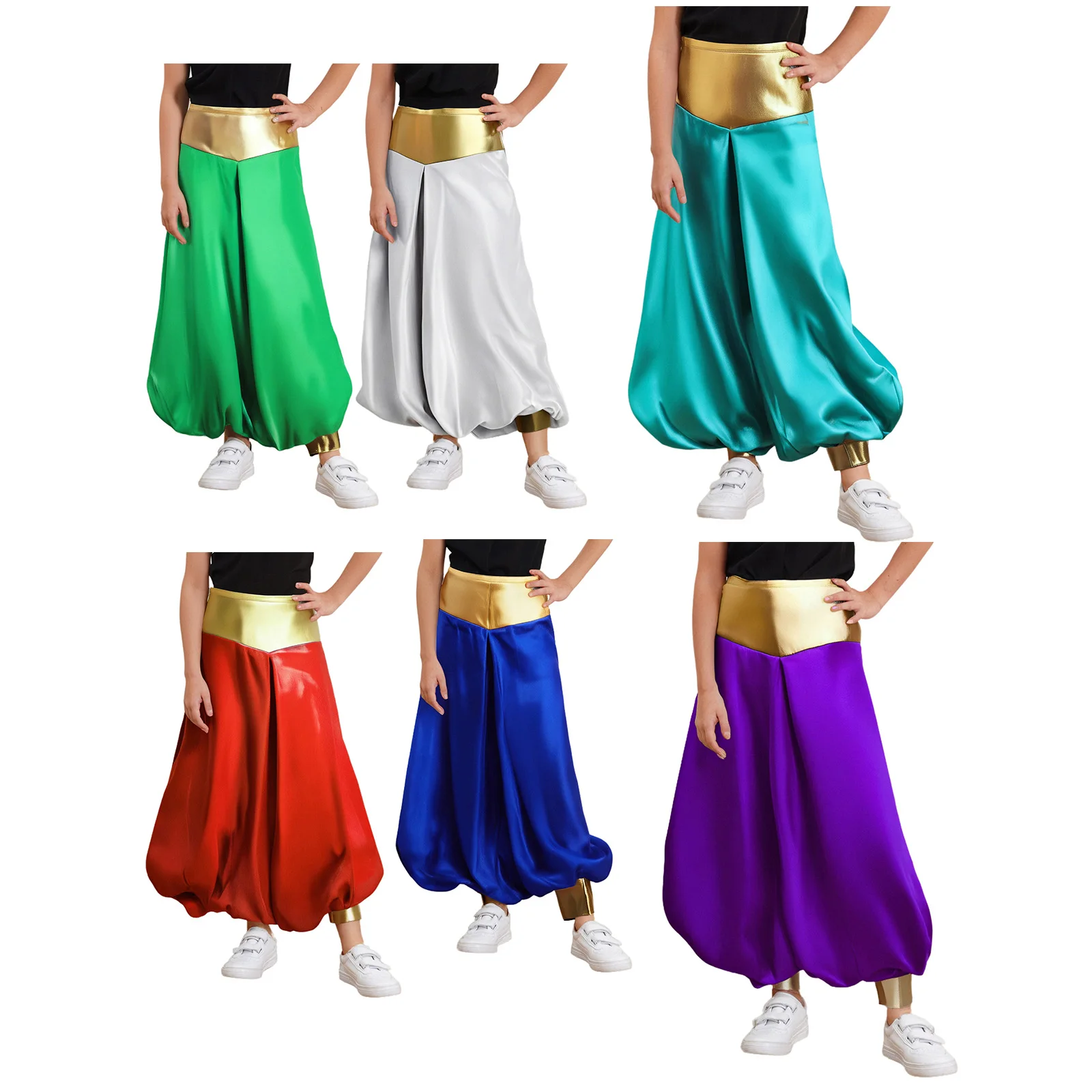 Kinder Jungen Arabischer Prinz Haremshose Metallisch Glänzend Hohe Taille Lose Laternenhose Halloween Karneval Party Cosplay Kostüm