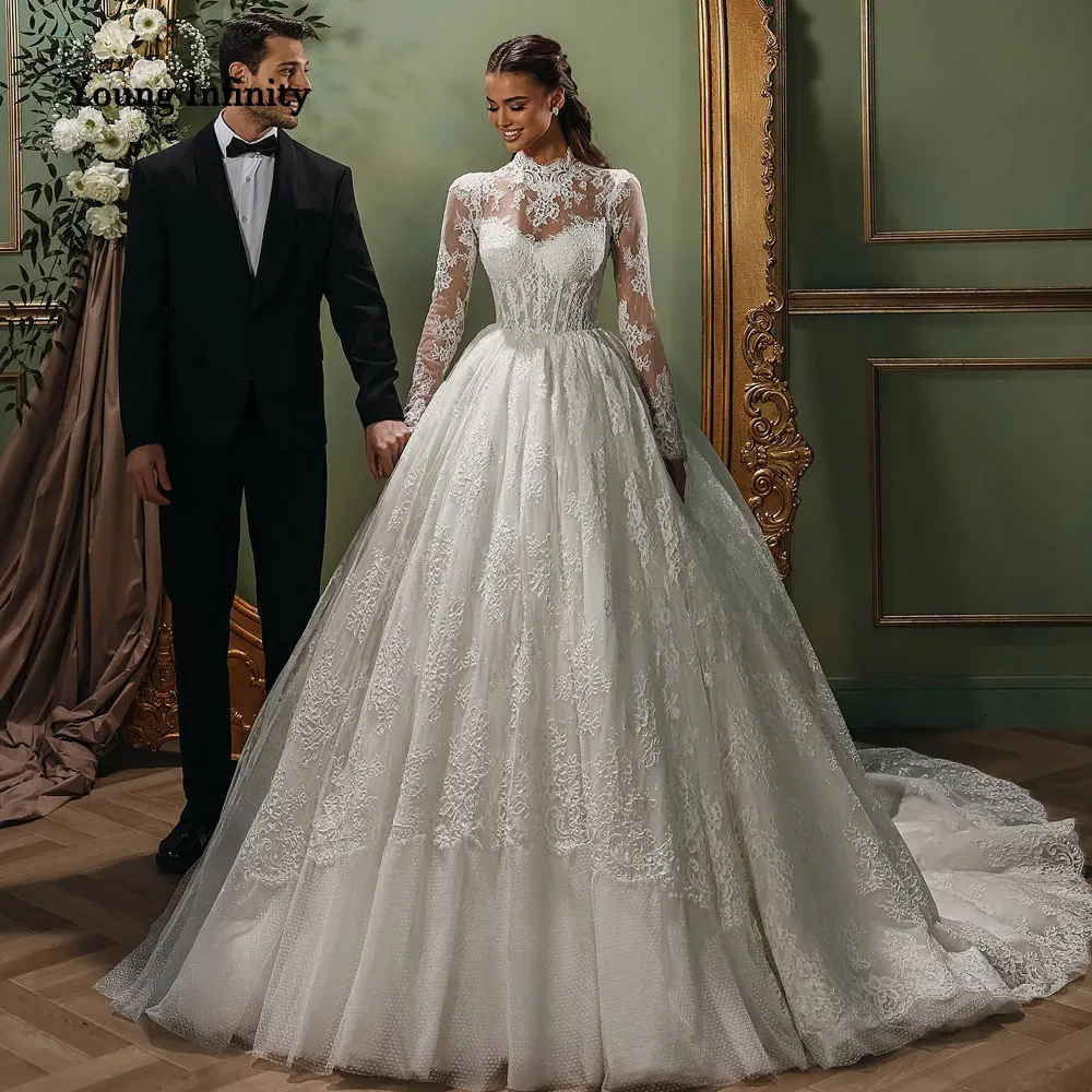 맞춤형 하이넥 긴팔 웨딩드레스 2025 신부 드레스 레이스 코르셋 여성 신부 정장 두바이 스타일 채플 트레인