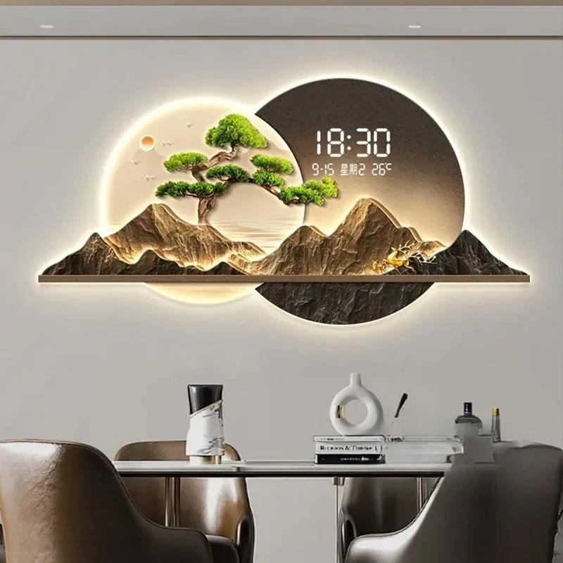 #￥Restaurant decoration Wall clock painting high-end creative light painting home decor item digital clock bedroomInteriorSilent