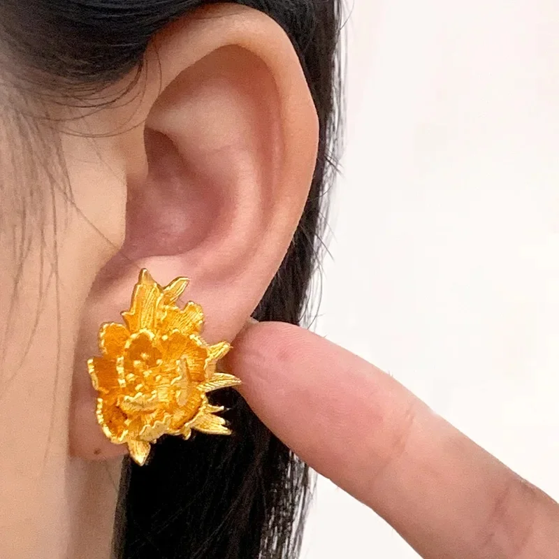 Luxury 24K 9999 Pure Gold real gold Fugui Peony Flower Earrings for Women