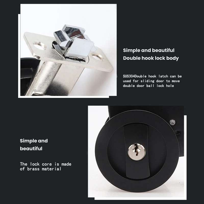 슬라이딩 포켓 문짝 잠금 장치, 사생활 보호 라운드 포켓 문짝 하드웨어, 키 포함, 블랙, 1 개