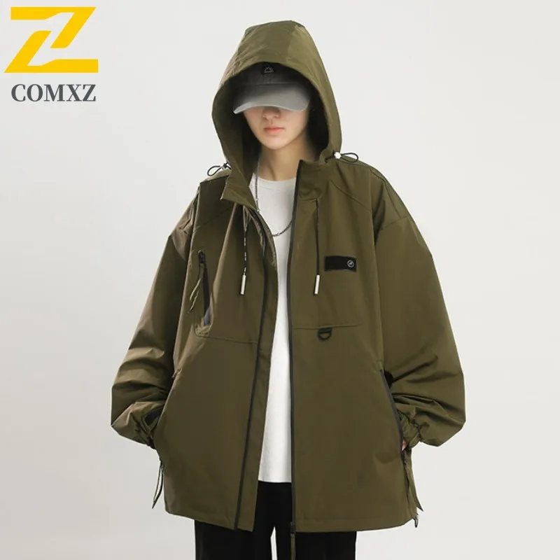 

COMXZ 2025 Мужская куртка, осенняя куртка больших размеров, легкие куртки с капюшоном для рыбалки нахлыстом, свободная рабочая одежда, модное пальто