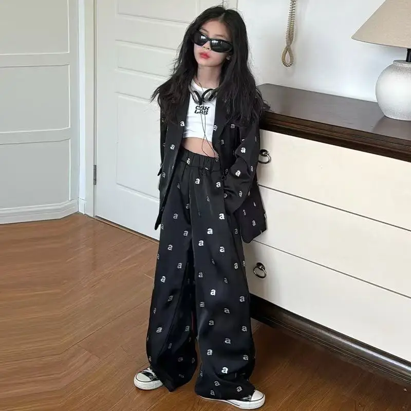 

Girls Suit Autumn FashionChildren Clothing Set Print Loose Blazers Trousers 2-piece School Teen Kids Speech Performance Costume