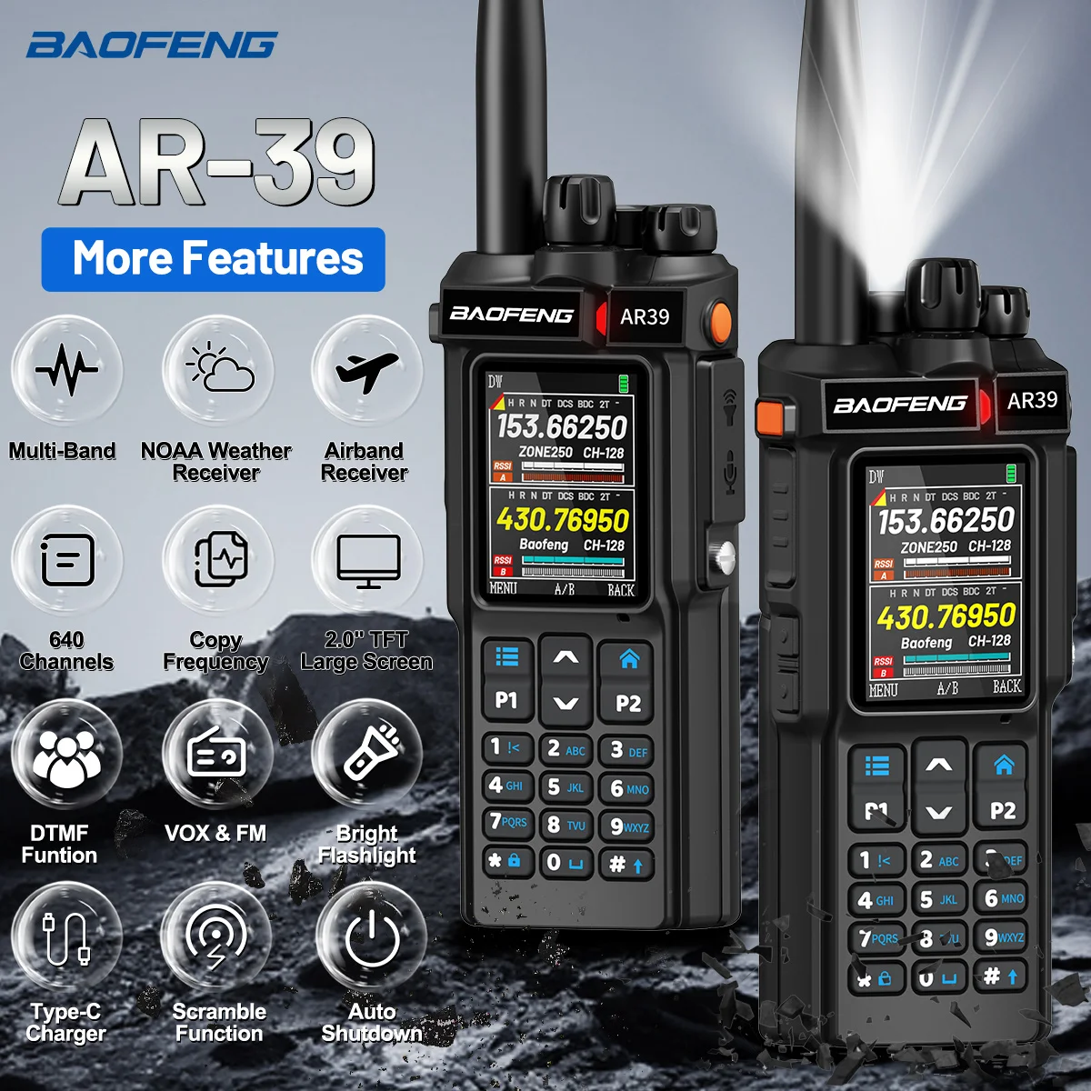 BAOFENG AR-39 جهاز اتصال لاسلكي طويل المدى متعدد الموجات 7 خيارات الخط الألوان مع مصباح يدوي AM/FM تردد نسخة لاسلكية راديو لحم الخنزير