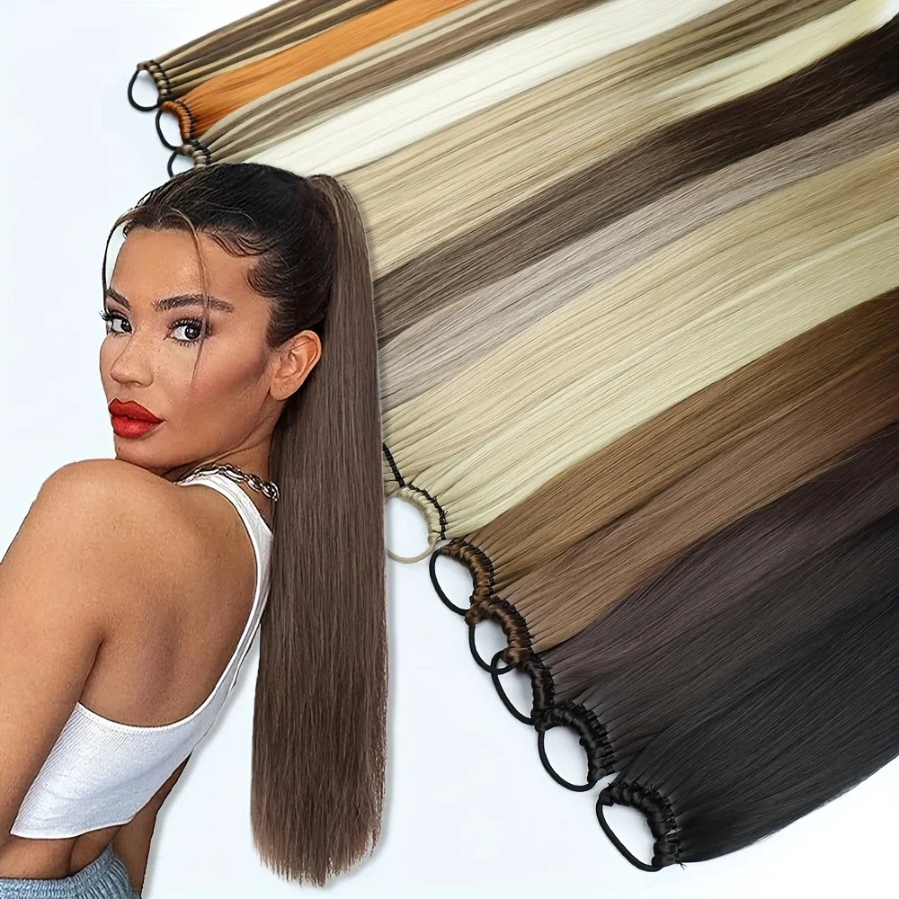 Synthetic 24Inch Ponytail Extensions Black Natural Braided Pony Tail Hairpiece Long Straight Rubber Band Hair For Women
