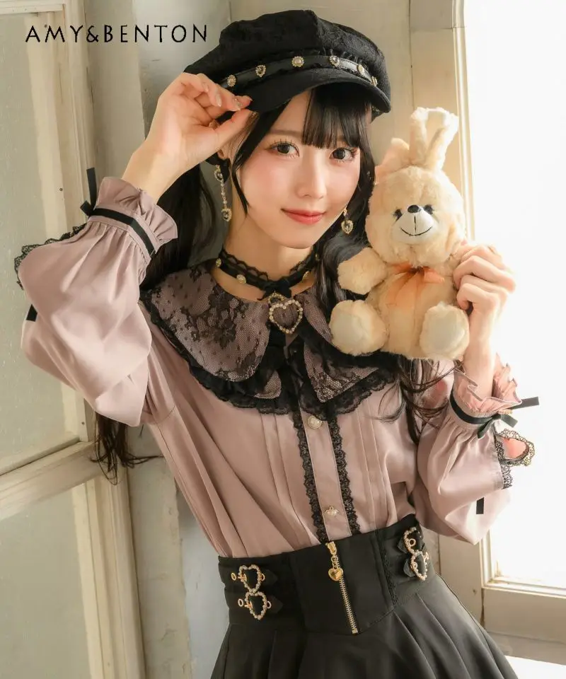 Japanese Style Mine Series Sweet Love Diamond Bow Lace Long-sleeved Shirt Women Cute Doll Collar Graceful Lolita Womens Tops