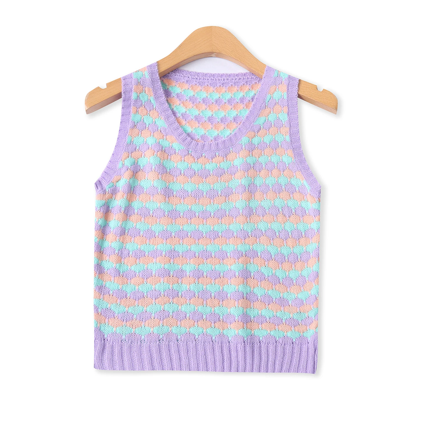 Knitted Color Block Vest Spring New Style Women's Fashionable round Neck Short Fit Overhead Top Quality Material Commute Style
