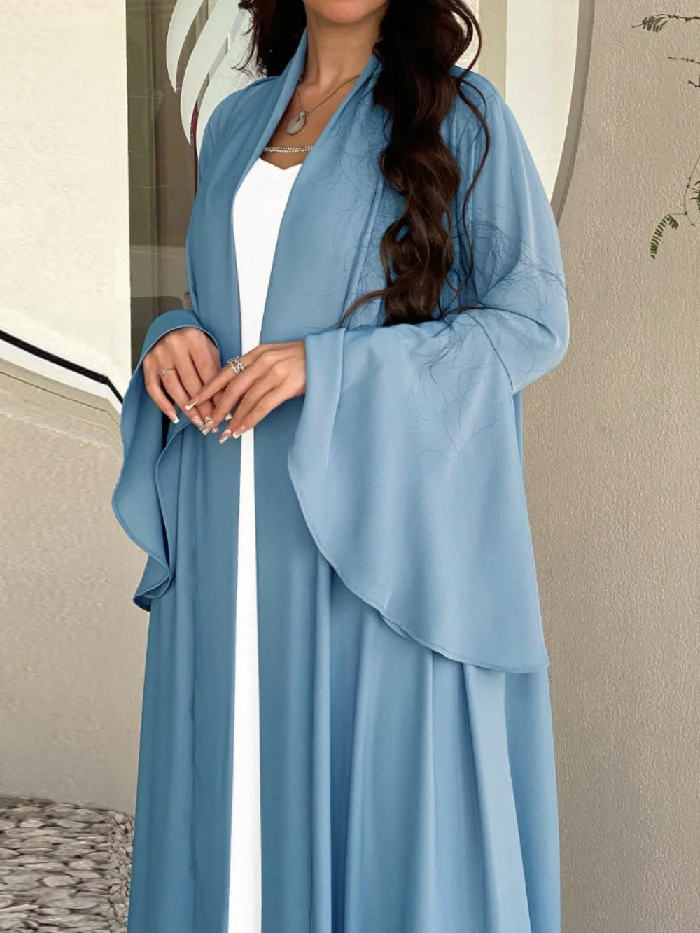 Cárdigan Abaya para mujer, vestido de fiesta marroquí, manga con volantes, Vestidos musulmanes sólidos, caftán Eid, bata larga de noche