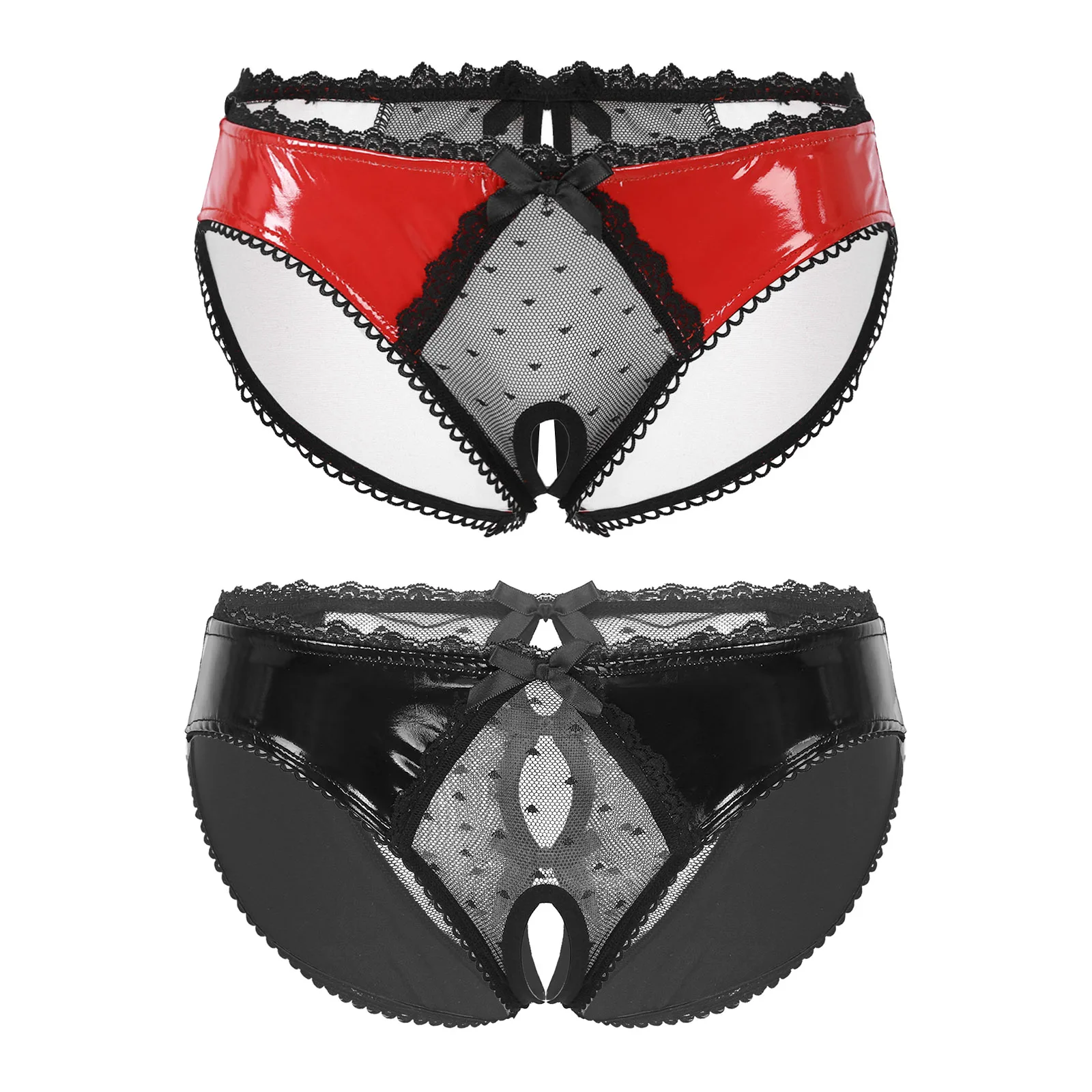 Womens Sexy Briefs Lingerie Open Crotch Panties Glossy Patent Leather Thongs Underwear Sheer Lace Patchwork Bowknot Underpants