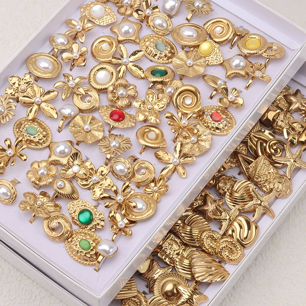 10Pcs/Lot Fashion Stainless Steel Large Flower Women Open Rings Daily Party Jewelry Gifts Randomly Shipped
