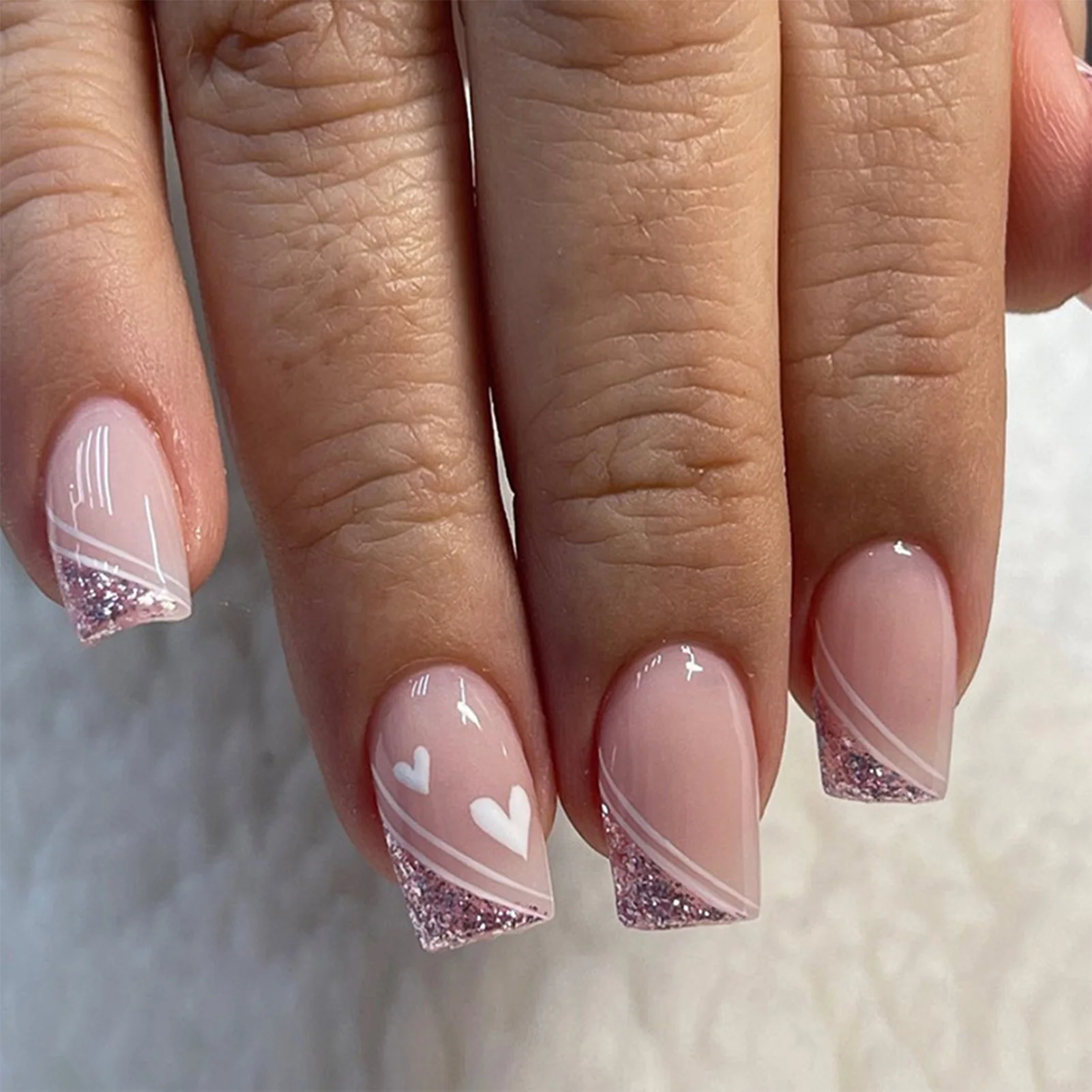 Uñas postizas reutilizables con estampado de corazón brillante para mujeres y niñas, salón de uñas, rosa, dulce y encantador