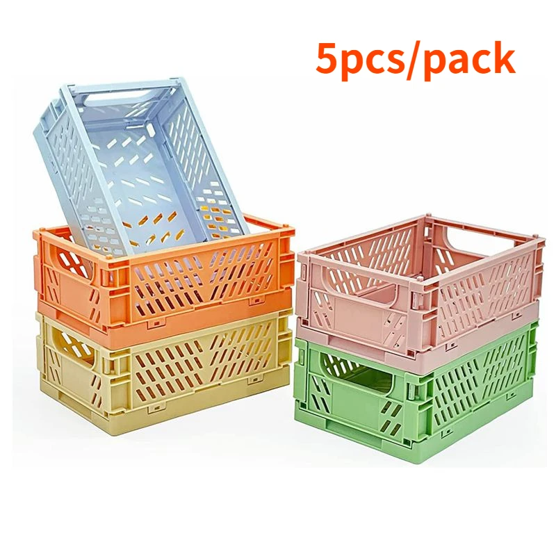 

5 Pack Kawaii Collapsible Crate Stacking Folding Storage Basket Plastic Desk Organizers for Home Kitchen Bedroom Bathroom Office