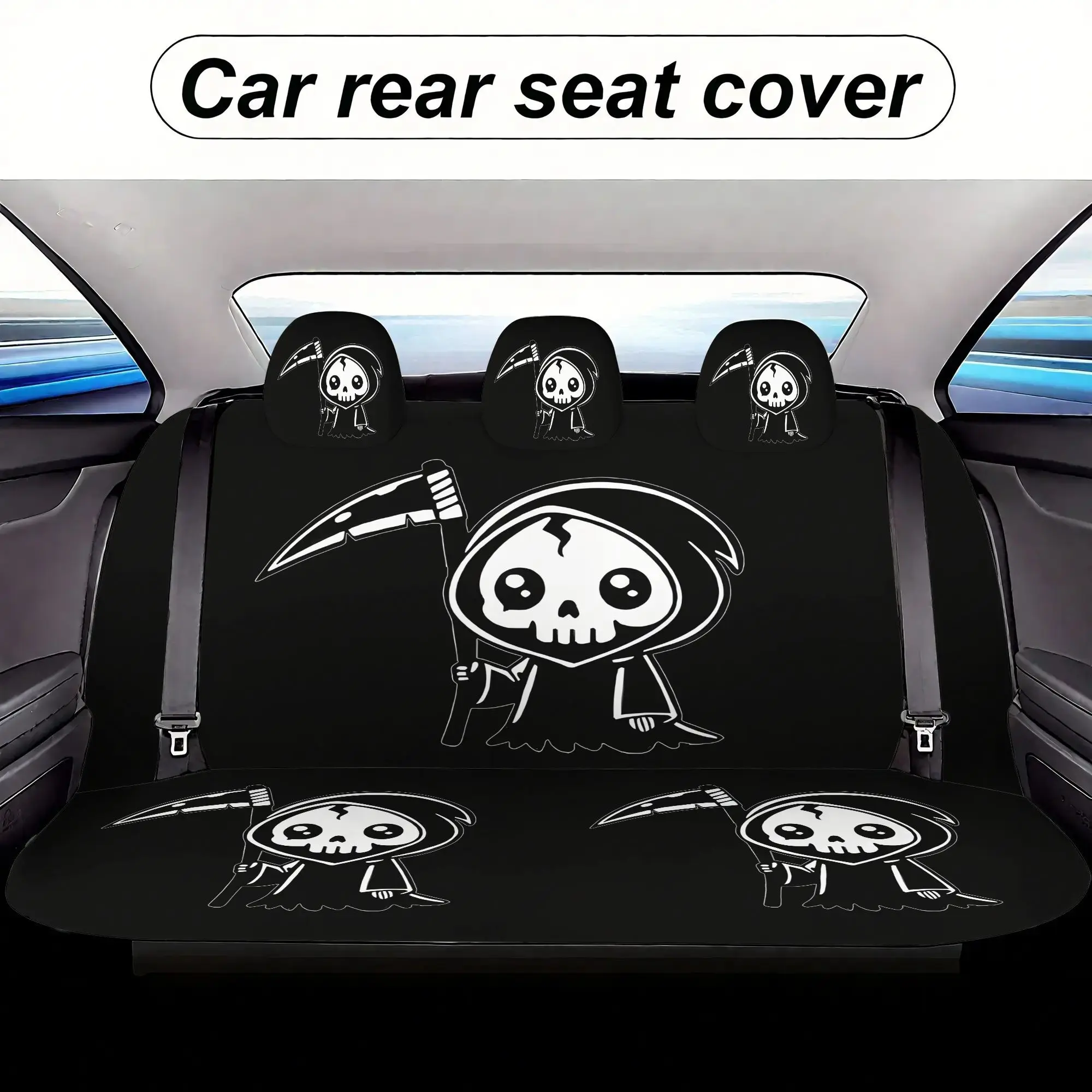 7pcs Cute Chibi Grim Reaper Printed Universal Car Seat Covers, Including 2 Front Seat Covers + 1 Rear Backrest Cover + 1 Rear Se