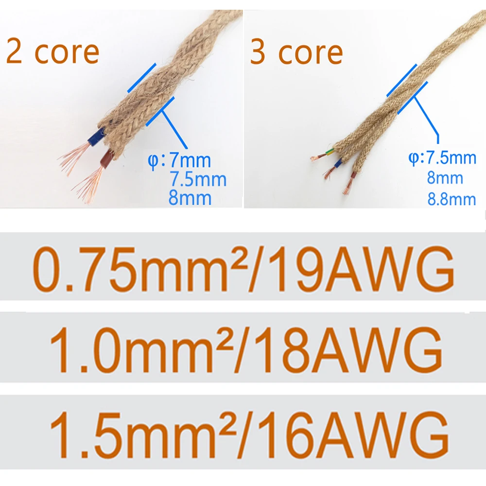Vintage lina konopna tkany drut tekstylny pleciony w stylu retro przewód do lampy wiszącej 2-żyłowy 3-rdzeniowy skręcony kabel do lampy elektrycznej
