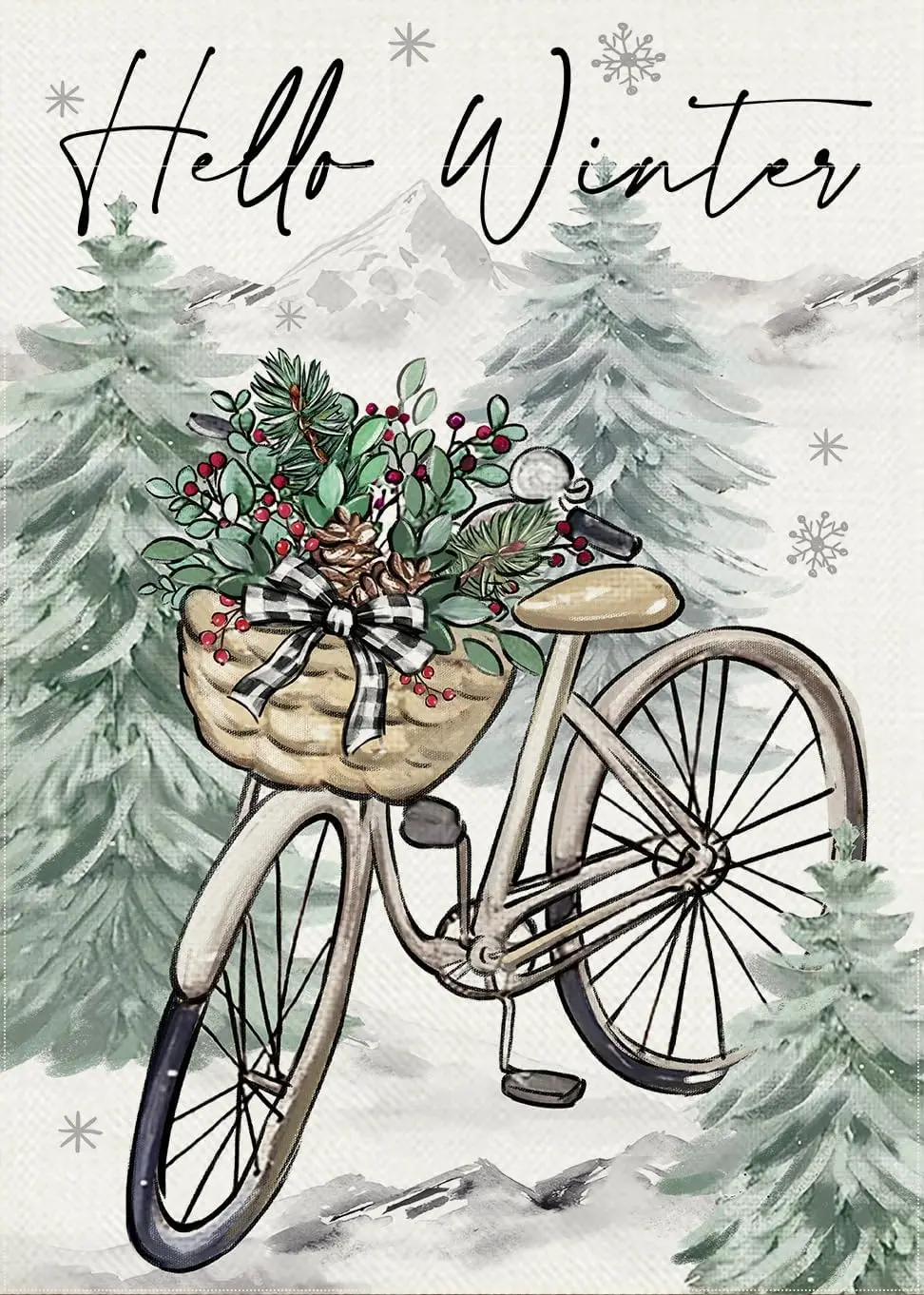 Hello Winter Bike Decorative Garden Flag, Bicycle Pine Tree Red Berries Snowflake Yard Outside Decorations, Christmas Holiday Se