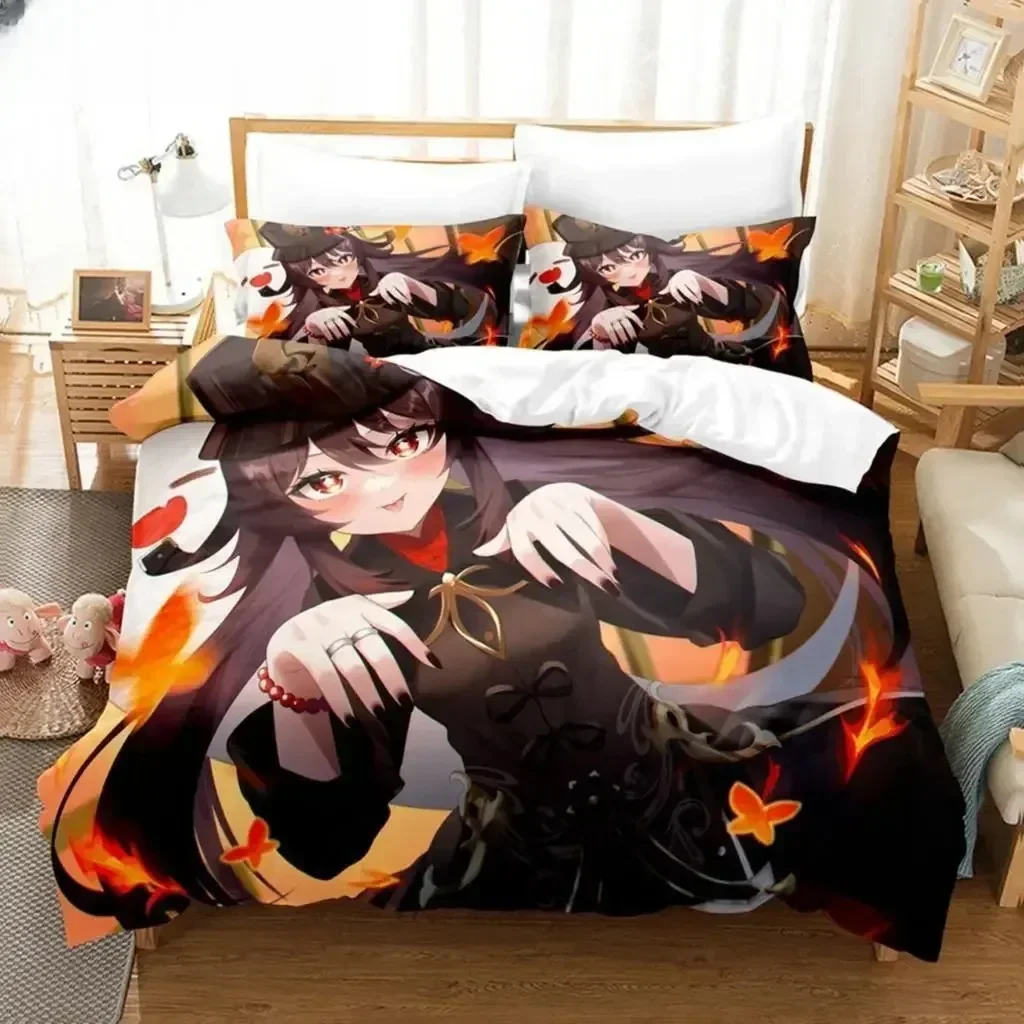 

New 3D Anime Hu Tao Genshin Impact Bedding Set Printed Bed Set With Pillowcase Duvet Cover Soft Queen King Size Bedclothes Home