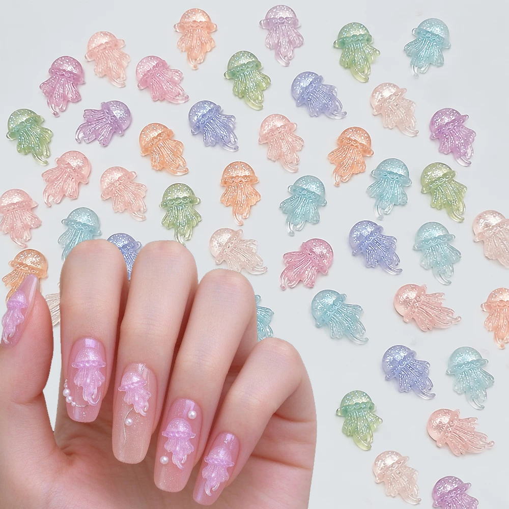 50pcs Candy Color Glitter Jellyfish Nail Art Charms Translucent Dreamlike Jellyfish Nail Rhinestones Pink Jellyfish Nail Decora