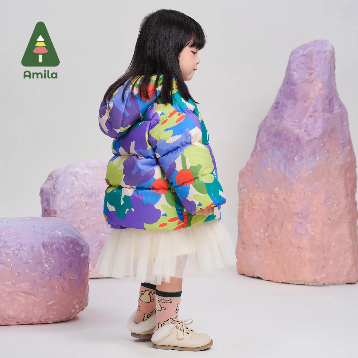 Amila Baby Down Jacket 2024 Winter New High Quality Girls Hooded Graffiti White Duck Down Warm Loose Casual Children‘s Jacket