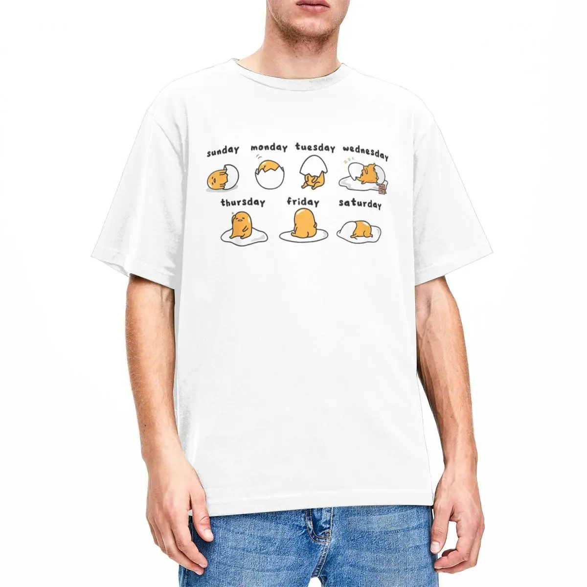 Gudetama Days Of The Week T Shirt Men Y2K Casual Cotton T Shirts Summer O Neck Popular Tee Shirt Print Oversized Clothes