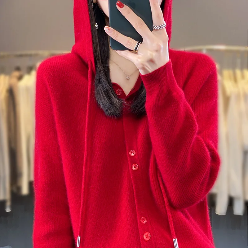 2023 New Autumn winter Cashmere hooded Cardigan Women  thickened Cashmere Hoodie Cardigan Women Loose Hooded Knitted  Coat