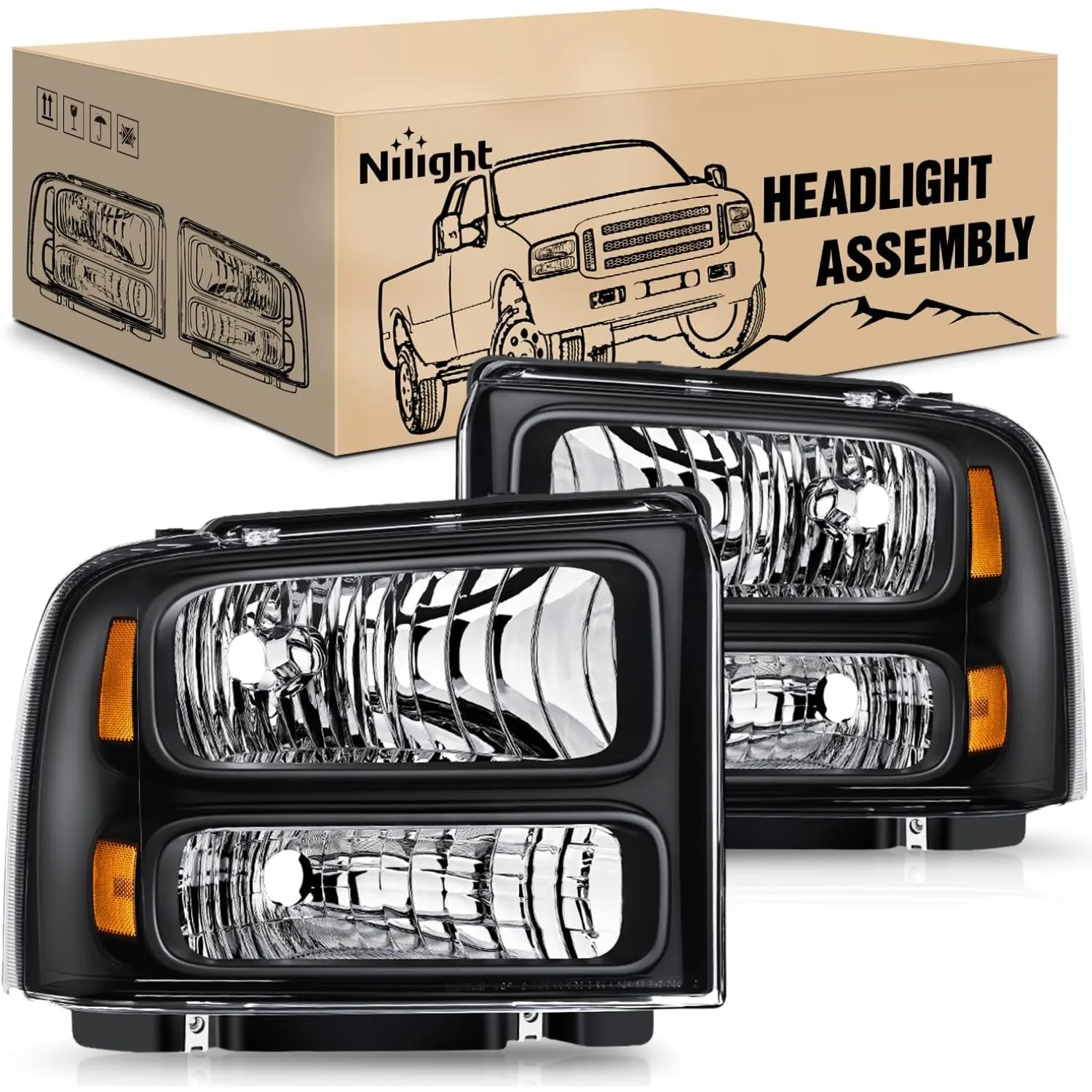 Nilight Headlight Assembly Replacement for 2005-2007 Ford F250 F350 F450 F550 Super Duty, Black Housing Clear Lens Amber Reflector, 4PCS Headlight & Corner Light Set