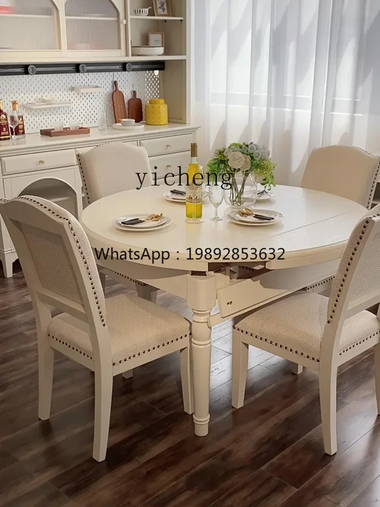 TQH light luxury solid wood retractable folding dining table pastoral home Mediterranean round table and chair combination