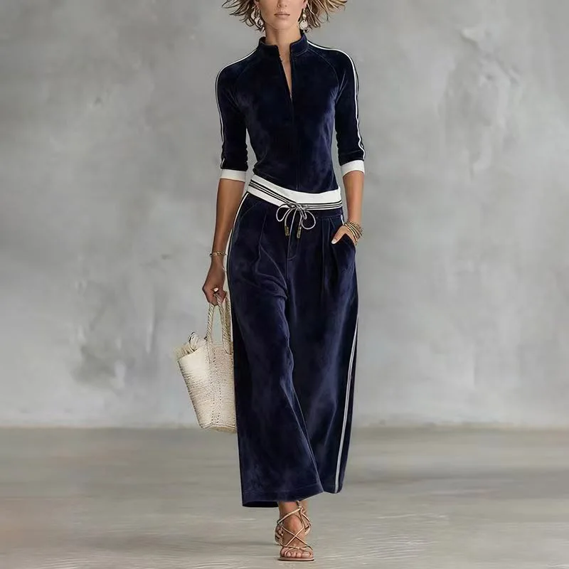 Women's Autumn. And Winter Fashion Random Sports Suit Korean Velvet Long Sleeve Solid Color High Necklace Zipper Wide Leg Pants.